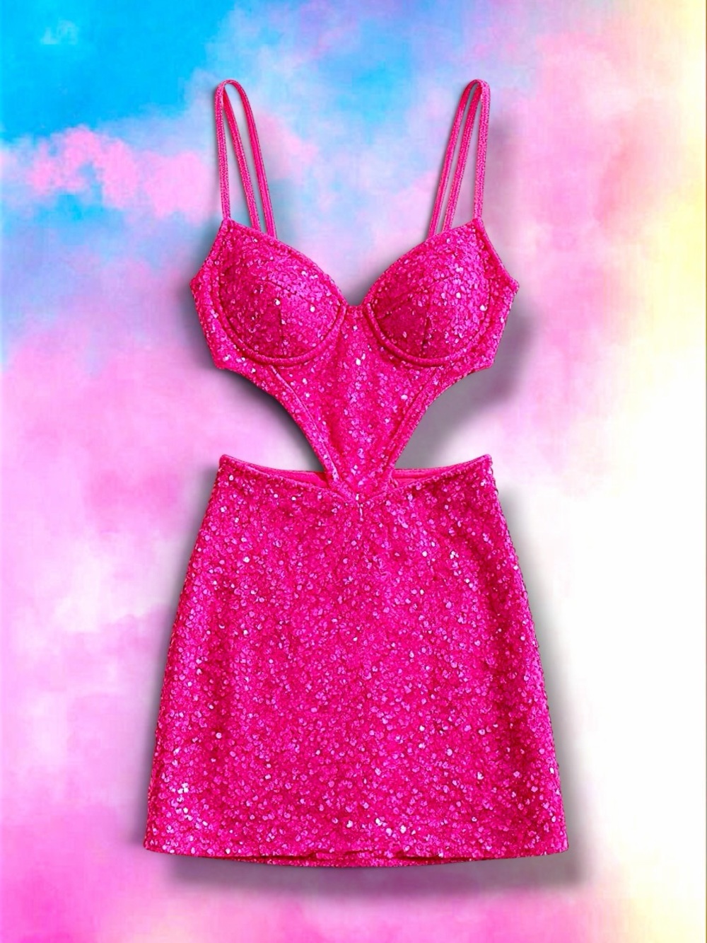 Hot Pink Sequin Cutout Mini Dress by